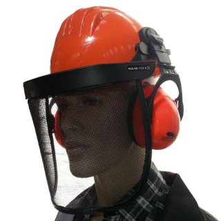 Bauhelm mit Gesichts- und Gehörschutznetz in versch. Farben orange